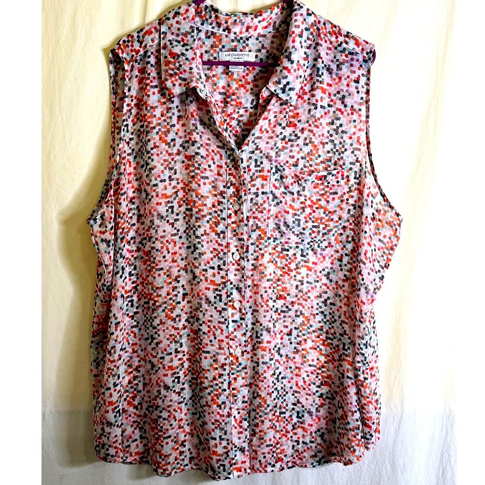 Liz Claiborne Women's Button-front Blouse Multicolor Pixelated Pattern Size 2X